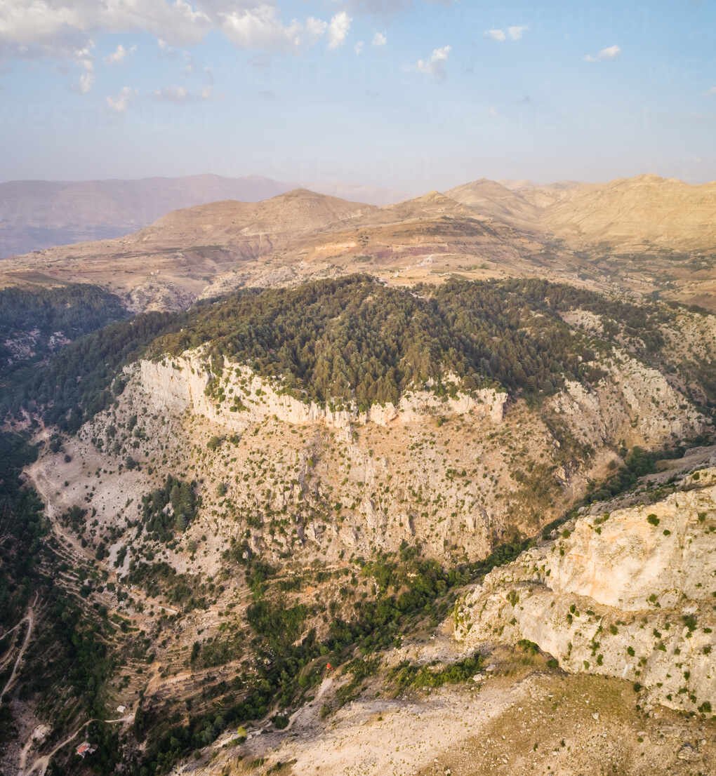 Aerial view of Tannourine cedar forest in the rocky mountains in Batroun in Lebanon
